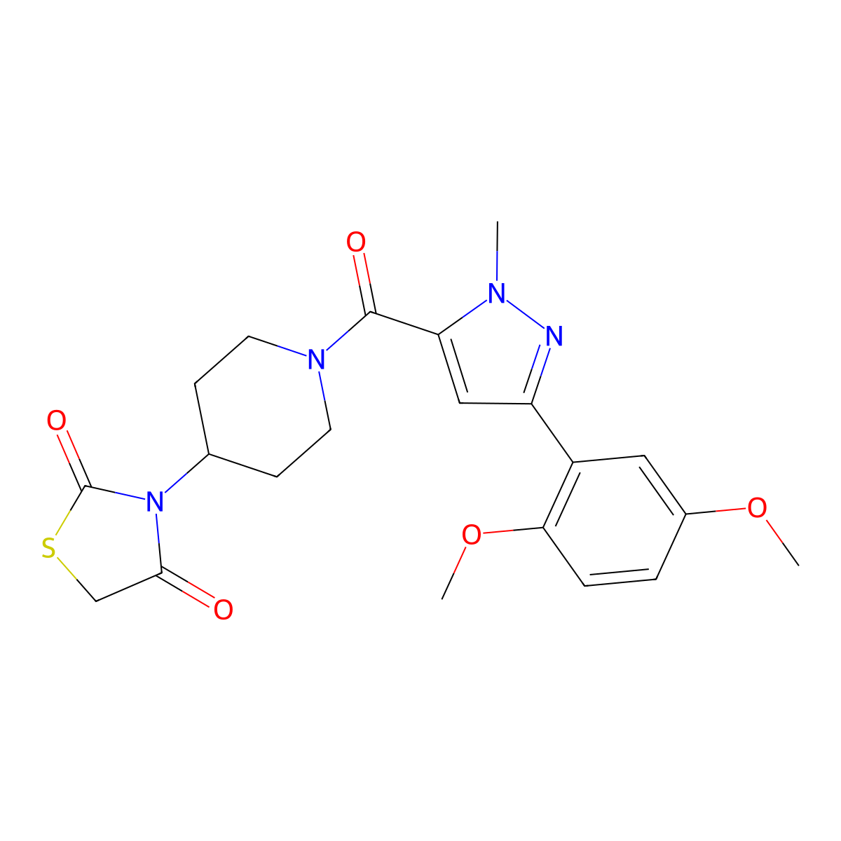 3-(1-(3-(2,5-dimethoxyphenyl)-1-methyl-1H-pyrazole-5-carbonyl)piperidin-4-yl)thiazolidine-2,4-dione molecular structure, CAS 1795481-66-1