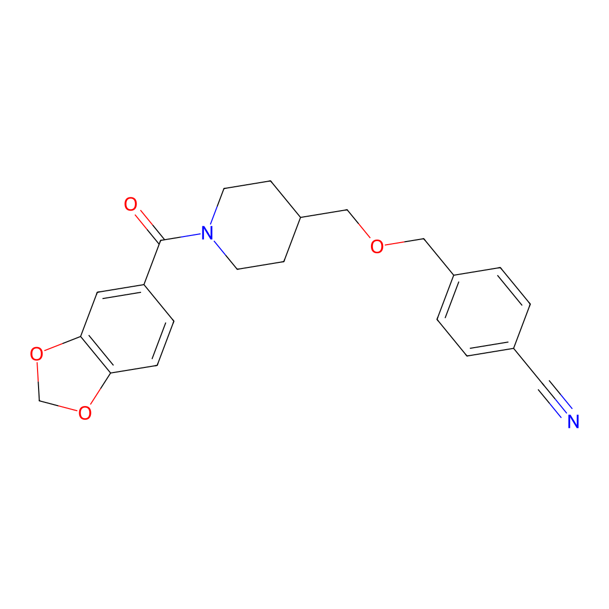 4-(((1-(Benzo[d][1,3]dioxole-5-carbonyl)piperidin-4-yl)methoxy)methyl)benzonitrile molecular structure, CAS 1795483-26-9