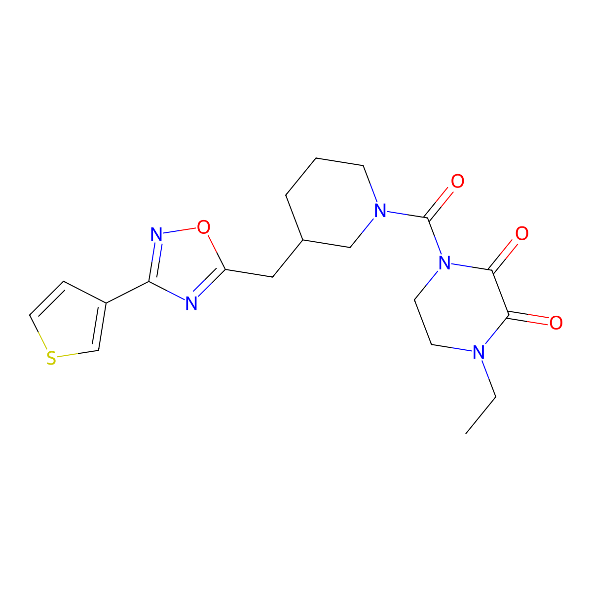 1-Ethyl-4-(3-{[3-(thiophen-3-yl)-1,2,4-oxadiazol-5-yl]methyl}piperidine-1-carbonyl)piperazine-2,3-dione molecular structure, CAS 1795484-27-3