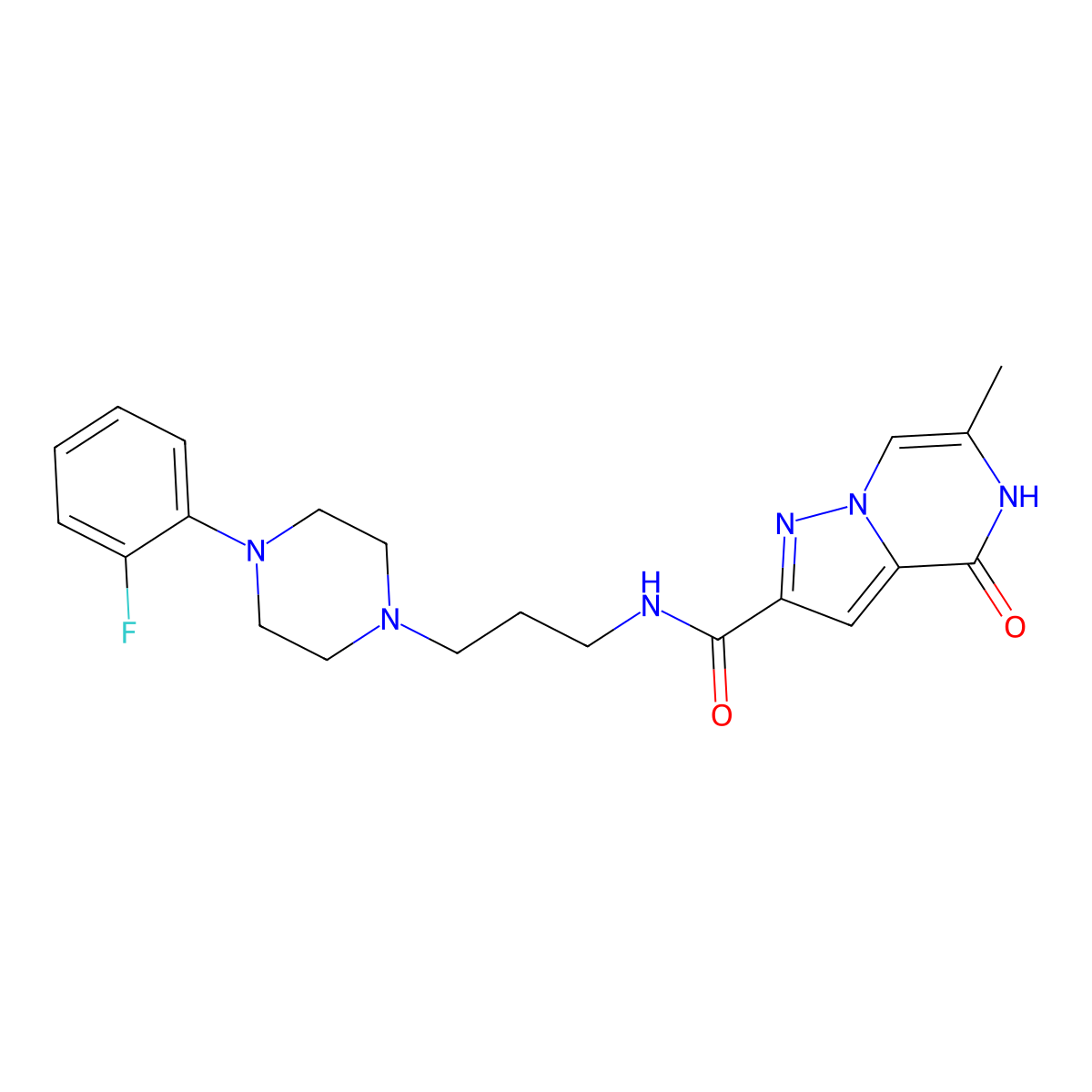 N-(3-(4-(2-fluorophenyl)piperazin-1-yl)propyl)-6-methyl-4-oxo-4,5-dihydropyrazolo[1,5-a]pyrazine-2-carboxamide molecular structure, CAS 1795484-34-2