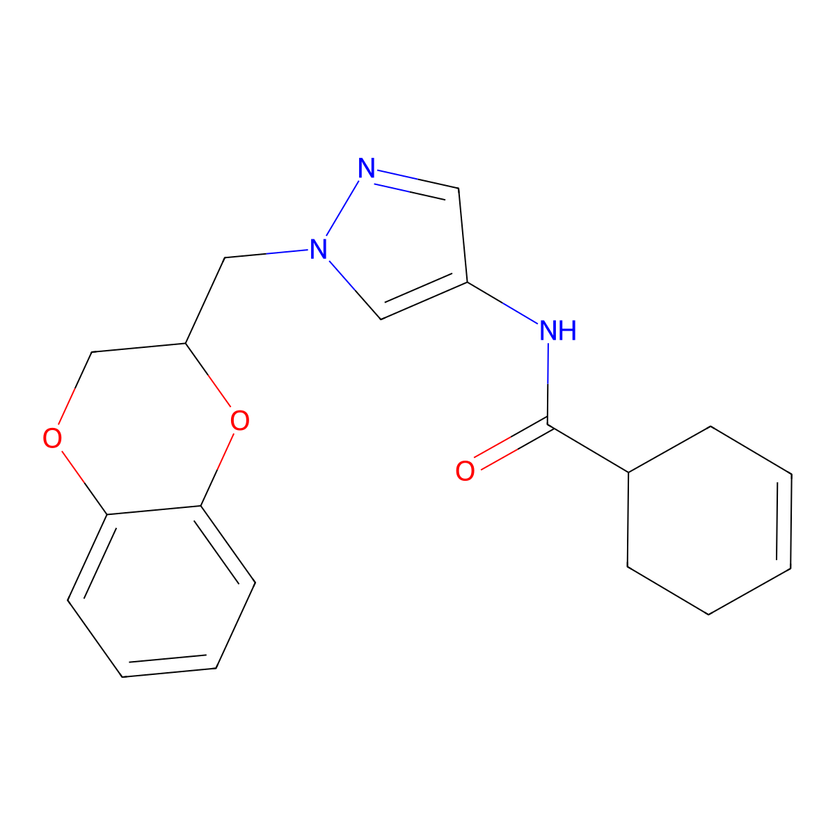 N-(1-((2,3-dihydrobenzo[b][1,4]dioxin-2-yl)methyl)-1H-pyrazol-4-yl)cyclohex-3-enecarboxamide molecular structure, CAS 1795484-67-1