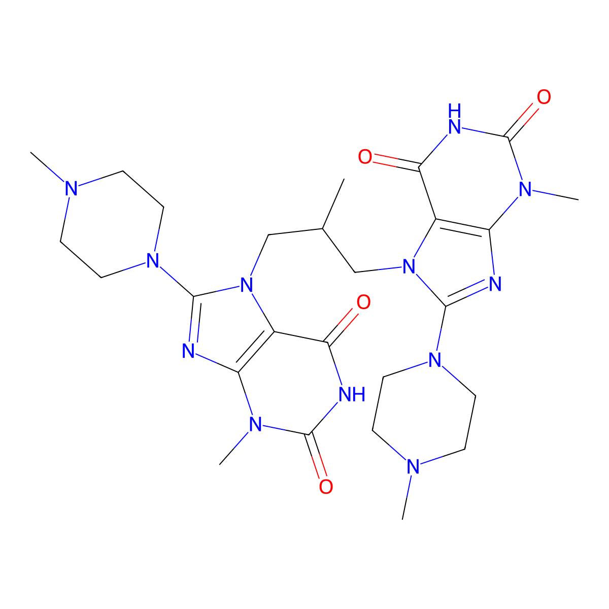 3-methyl-7-(2-{[3-methyl-8-(4-methylpiperazin-1-yl)-2,6-dioxo-2,3,6,7-tetrahydro-1H-purin-7-yl]methyl}propyl)-8-(4-methylpiperazin-1-yl)-2,3,6,7-tetrahydro-1H-purine-2,6-dione molecular structure, CAS 1795484-82-0