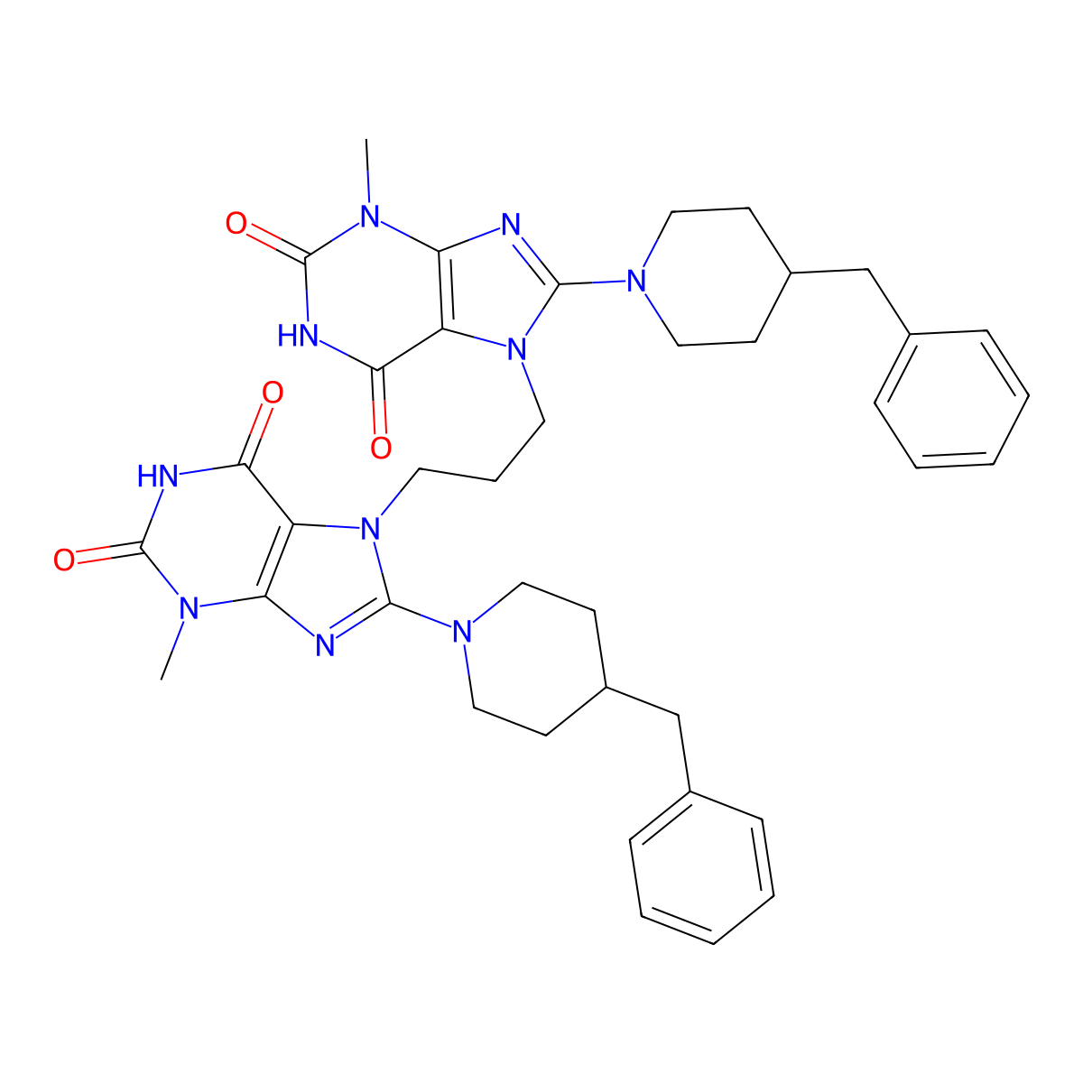 8-(4-benzylpiperidin-1-yl)-7-{3-[8-(4-benzylpiperidin-1-yl)-3-methyl-2,6-dioxo-2,3,6,7-tetrahydro-1H-purin-7-yl]propyl}-3-methyl-2,3,6,7-tetrahydro-1H-purine-2,6-dione molecular structure, CAS 1795485-01-6