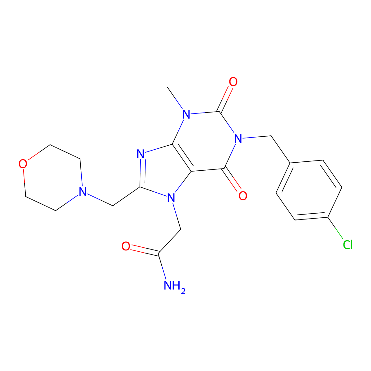 2-(1-(4-chlorobenzyl)-3-methyl-8-(morpholinomethyl)-2,6-dioxo-1,2,3,6-tetrahydro-7H-purin-7-yl)acetamide molecular structure, CAS 1795485-62-9