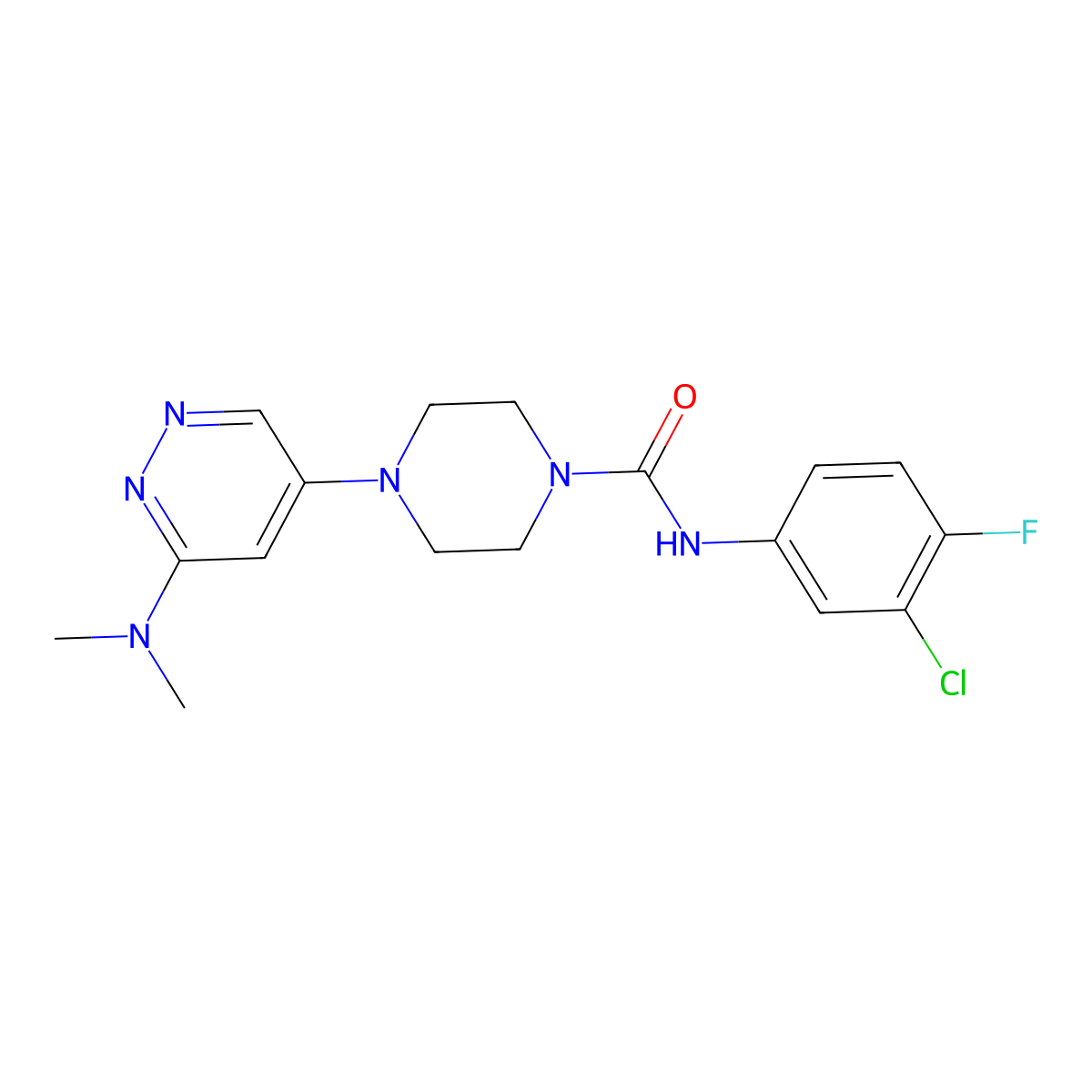 N-(3-chloro-4-fluorophenyl)-4-[6-(dimethylamino)pyridazin-4-yl]piperazine-1-carboxamide molecular structure, CAS 1795488-39-9