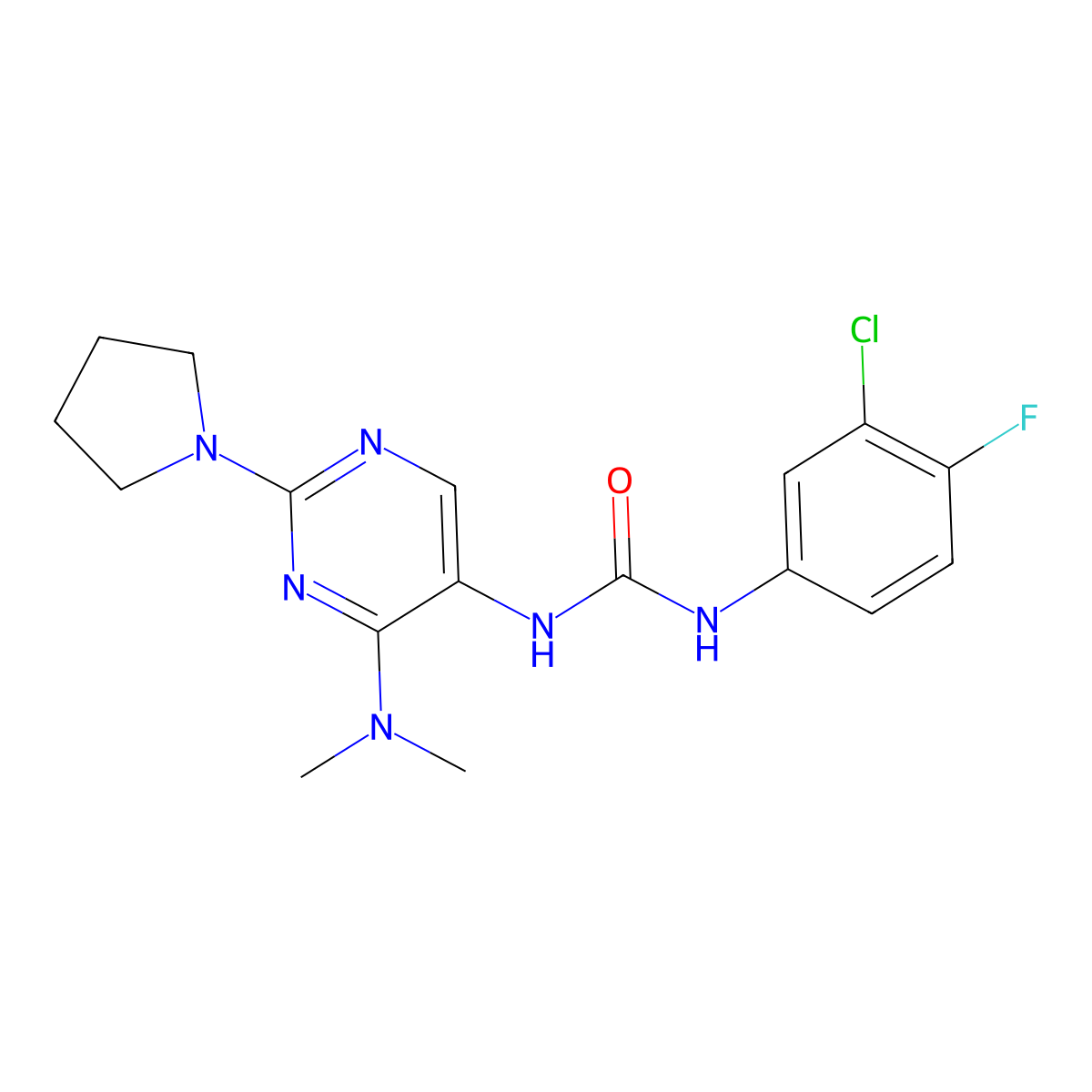 1-(3-Chloro-4-fluorophenyl)-3-(4-(dimethylamino)-2-(pyrrolidin-1-yl)pyrimidin-5-yl)urea molecular structure, CAS 1795488-55-9