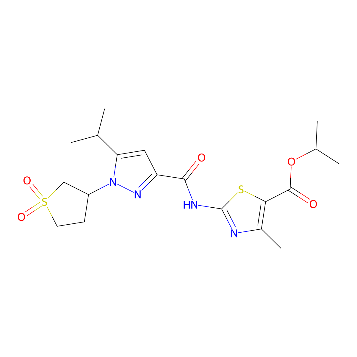 5-Thiazolecarboxylic acid, 4-methyl-2-[[[5-(1-methylethyl)-1-(tetrahydro-1,1-dioxido-3-thienyl)-1H-pyrazol-3-yl]carbonyl]amino]-, 1-methylethyl ester molecular structure, CAS 1795488-86-6