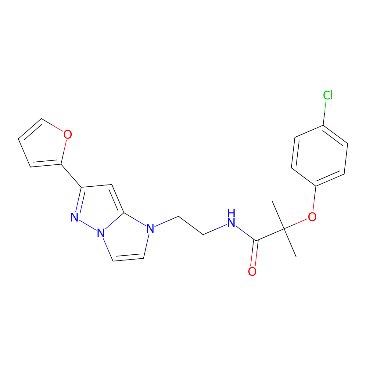 2-(4-chlorophenoxy)-N-(2-(6-(furan-2-yl)-1H-imidazo[1,2-b]pyrazol-1-yl)ethyl)-2-methylpropanamide molecular structure, CAS 1795490-28-6