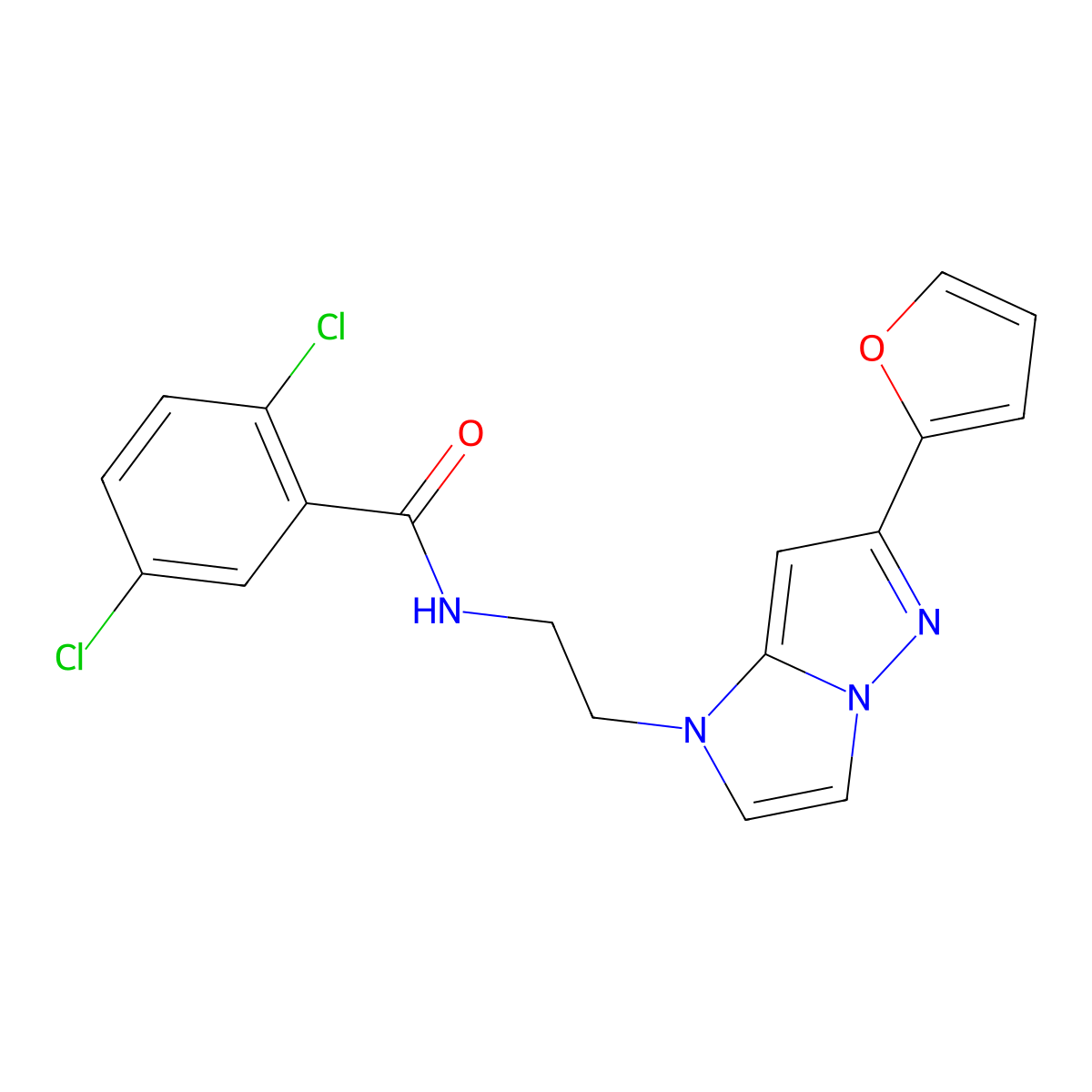 2,5-dichloro-N-(2-(6-(furan-2-yl)-1H-imidazo[1,2-b]pyrazol-1-yl)ethyl)benzamide molecular structure, CAS 1795490-32-2