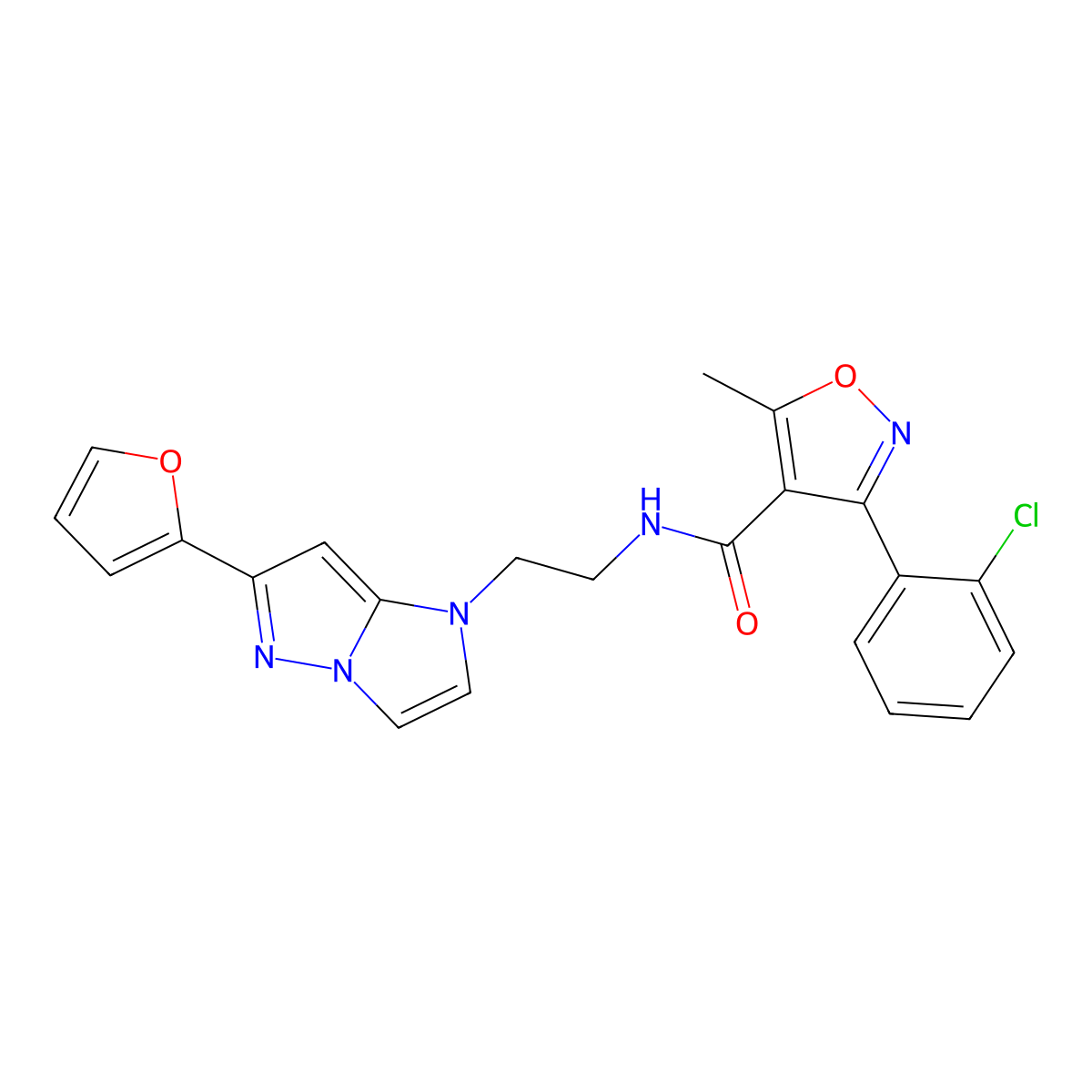 3-(2-chlorophenyl)-N-(2-(6-(furan-2-yl)-1H-imidazo[1,2-b]pyrazol-1-yl)ethyl)-5-methylisoxazole-4-carboxamide molecular structure, CAS 1795490-35-5