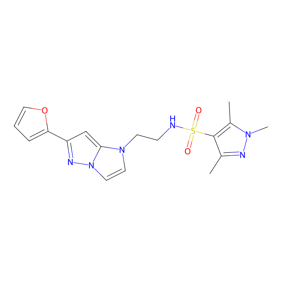 N-(2-(6-(furan-2-yl)-1H-imidazo[1,2-b]pyrazol-1-yl)ethyl)-1,3,5-trimethyl-1H-pyrazole-4-sulfonamide molecular structure, CAS 1795490-56-0