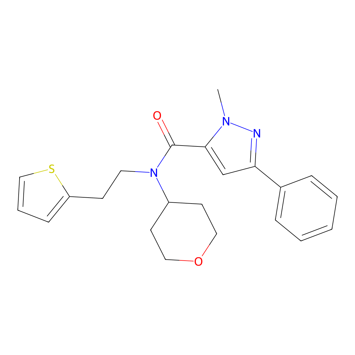 1-methyl-3-phenyl-N-(tetrahydro-2H-pyran-4-yl)-N-(2-(thiophen-2-yl)ethyl)-1H-pyrazole-5-carboxamide molecular structure, CAS 1795492-09-9