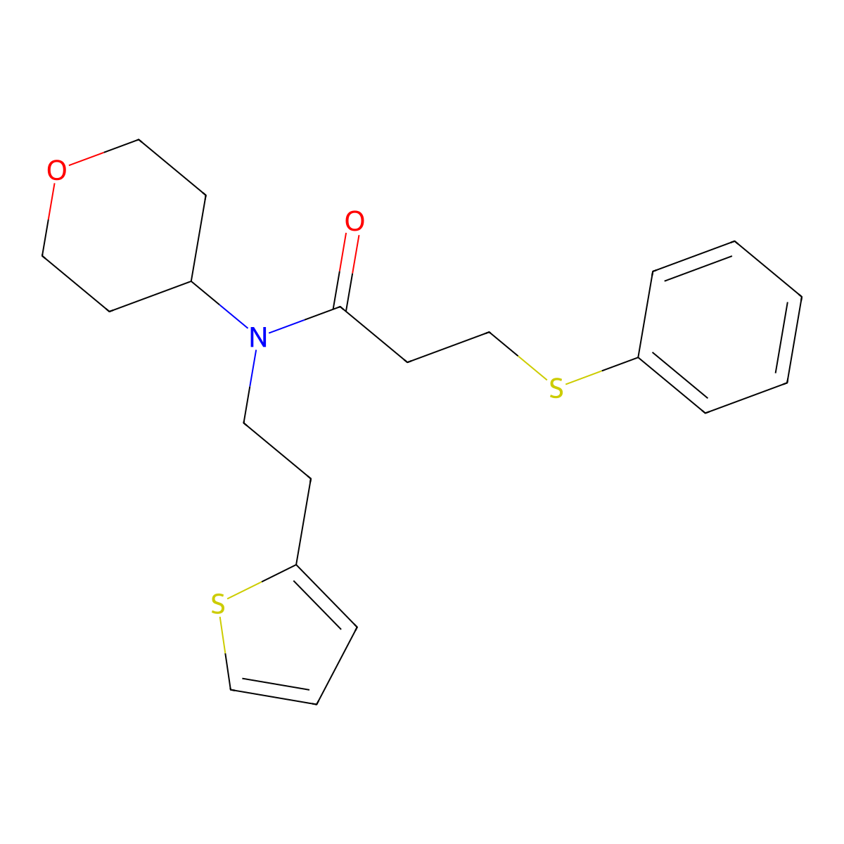 3-(phenylthio)-N-(tetrahydro-2H-pyran-4-yl)-N-(2-(thiophen-2-yl)ethyl)propanamide molecular structure, CAS 1795492-20-4