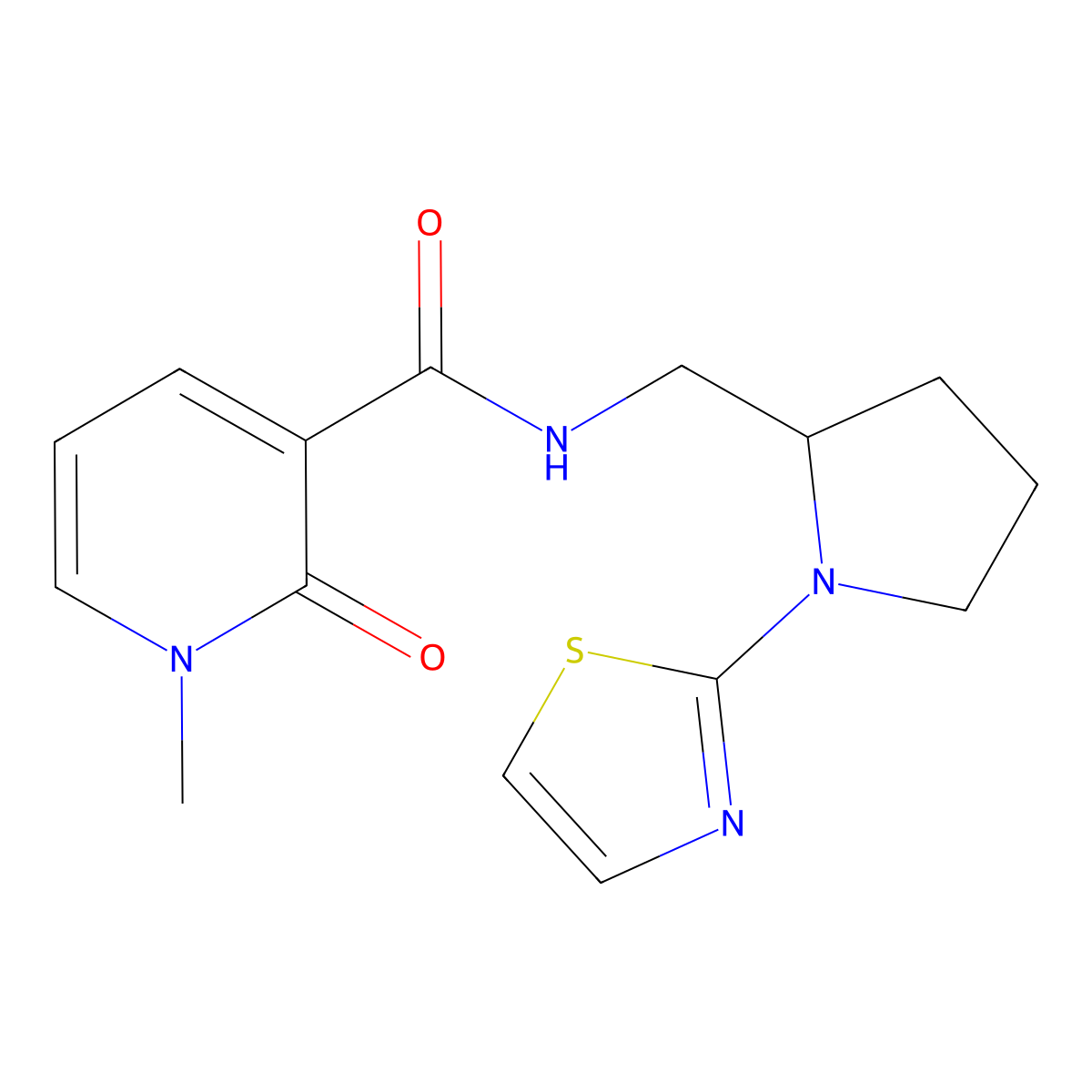 1-methyl-2-oxo-N-((1-(thiazol-2-yl)pyrrolidin-2-yl)methyl)-1,2-dihydropyridine-3-carboxamide molecular structure, CAS 1795492-27-1