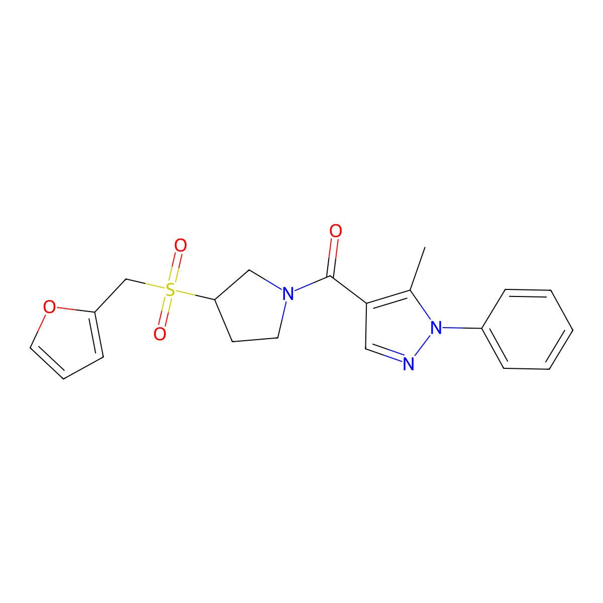(3-((furan-2-ylmethyl)sulfonyl)pyrrolidin-1-yl)(5-methyl-1-phenyl-1H-pyrazol-4-yl)methanone molecular structure, CAS 1795492-56-6