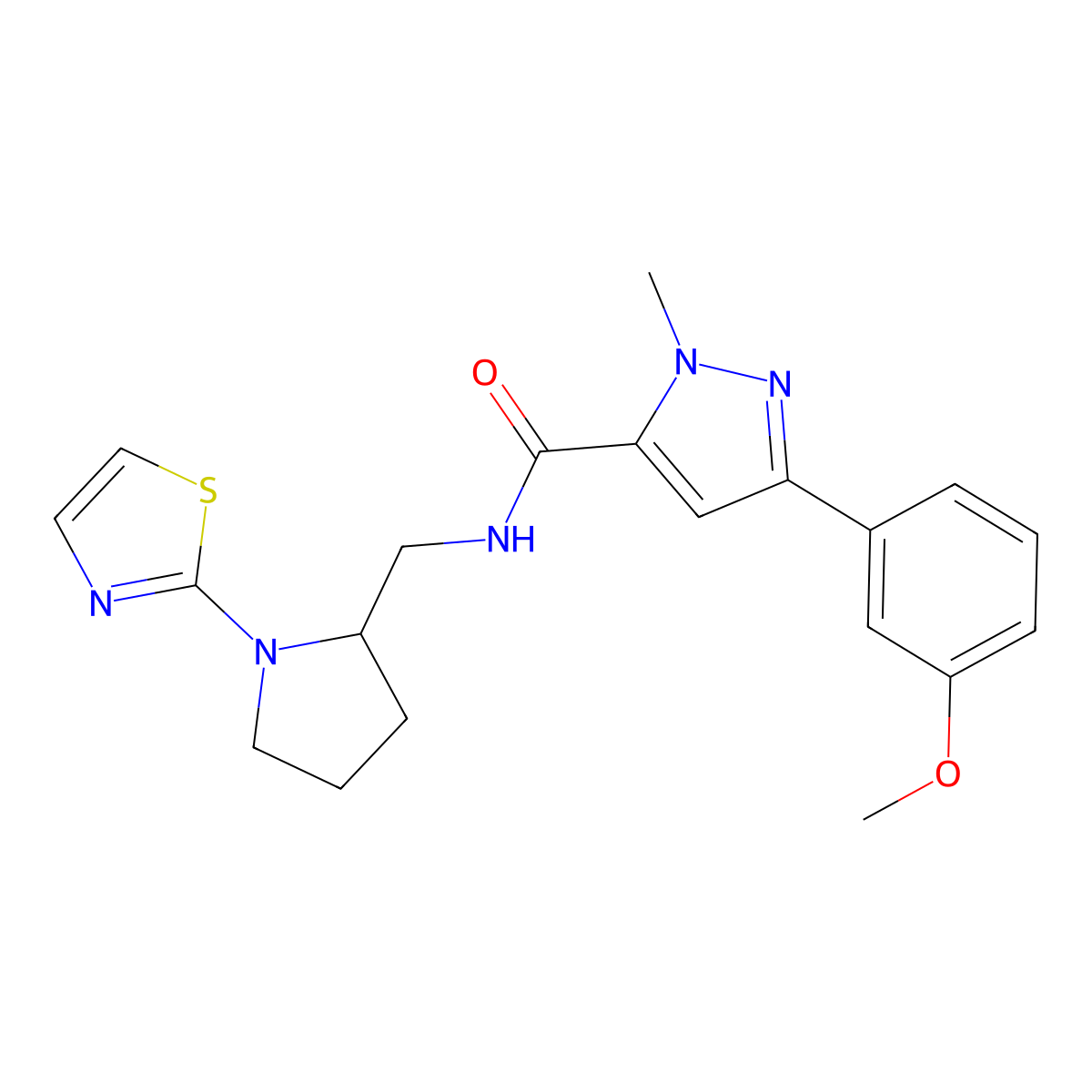 3-(3-methoxyphenyl)-1-methyl-N-((1-(thiazol-2-yl)pyrrolidin-2-yl)methyl)-1H-pyrazole-5-carboxamide molecular structure, CAS 1795492-76-0