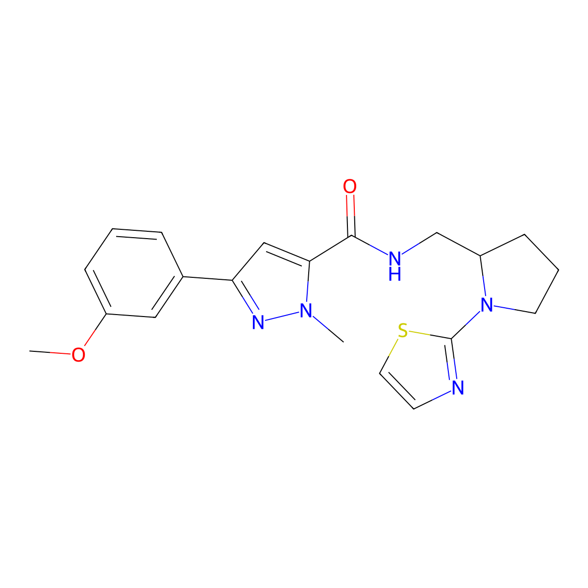 3-(3-methoxyphenyl)-1-methyl-N-((1-(thiazol-2-yl)pyrrolidin-2-yl)methyl)-1H-pyrazole-5-carboxamide molecular structure, CAS 1795492-76-0
