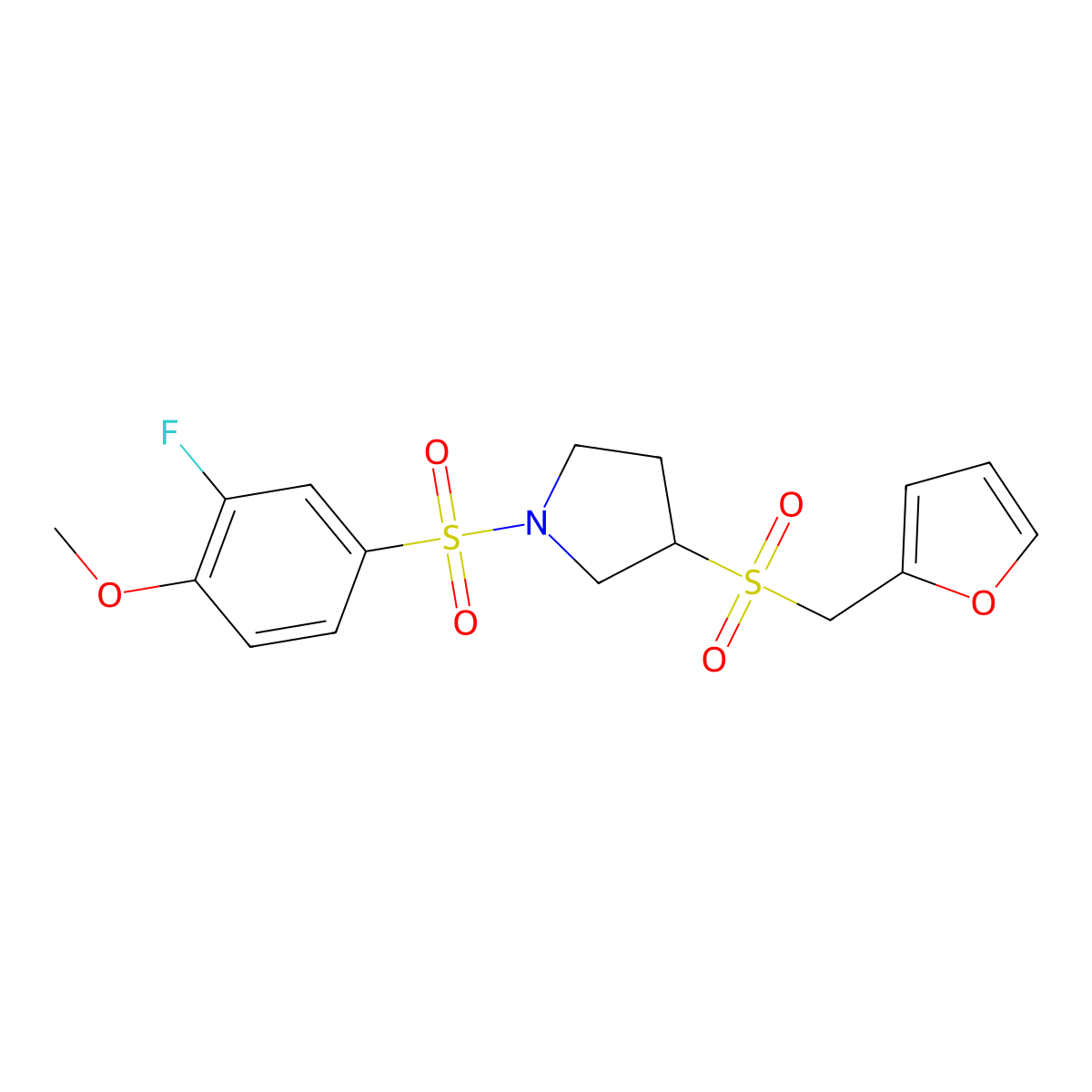 1-((3-Fluoro-4-methoxyphenyl)sulfonyl)-3-((furan-2-ylmethyl)sulfonyl)pyrrolidine molecular structure, CAS 1795492-81-7