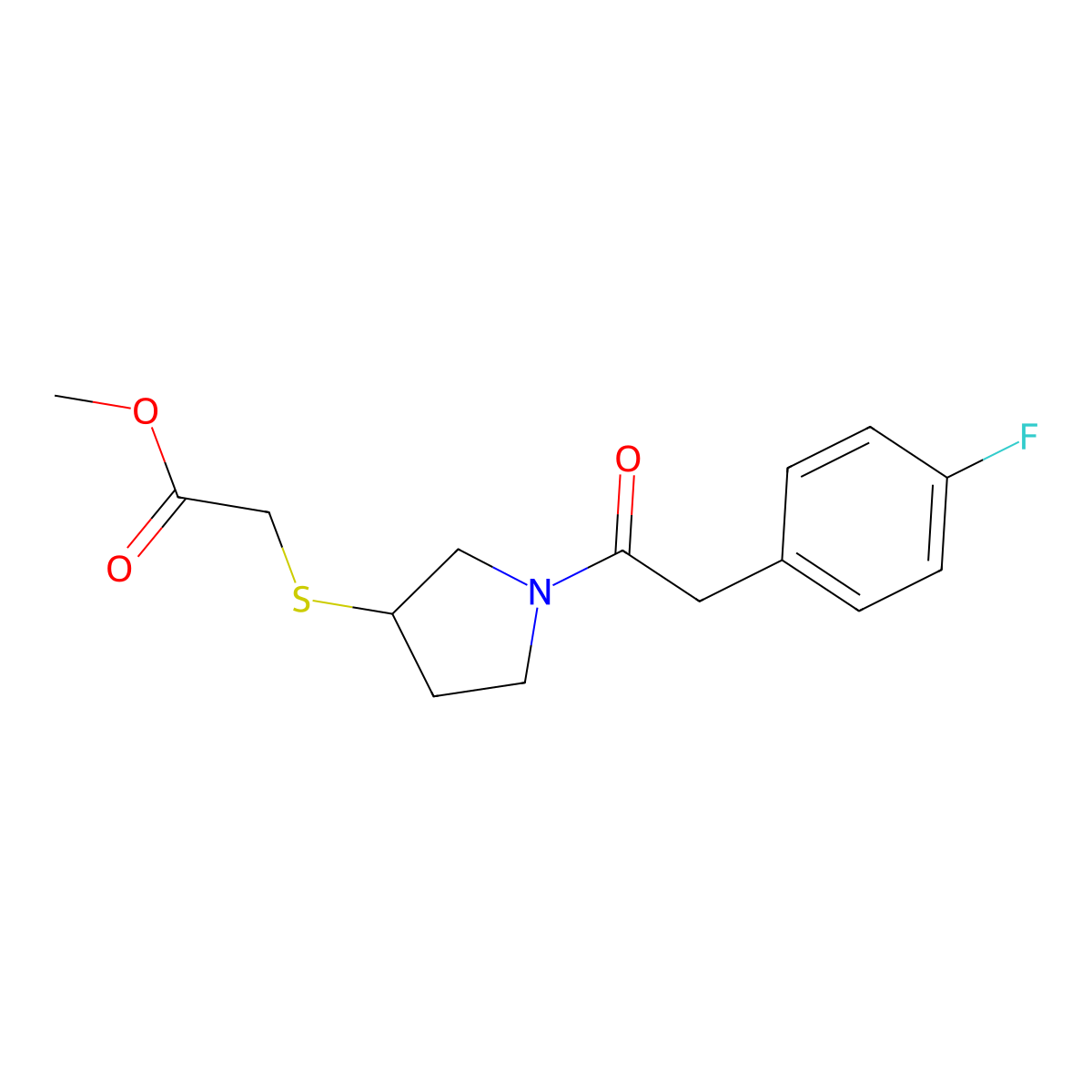 Methyl 2-((1-(2-(4-fluorophenyl)acetyl)pyrrolidin-3-yl)thio)acetate molecular structure, CAS 1795493-06-9