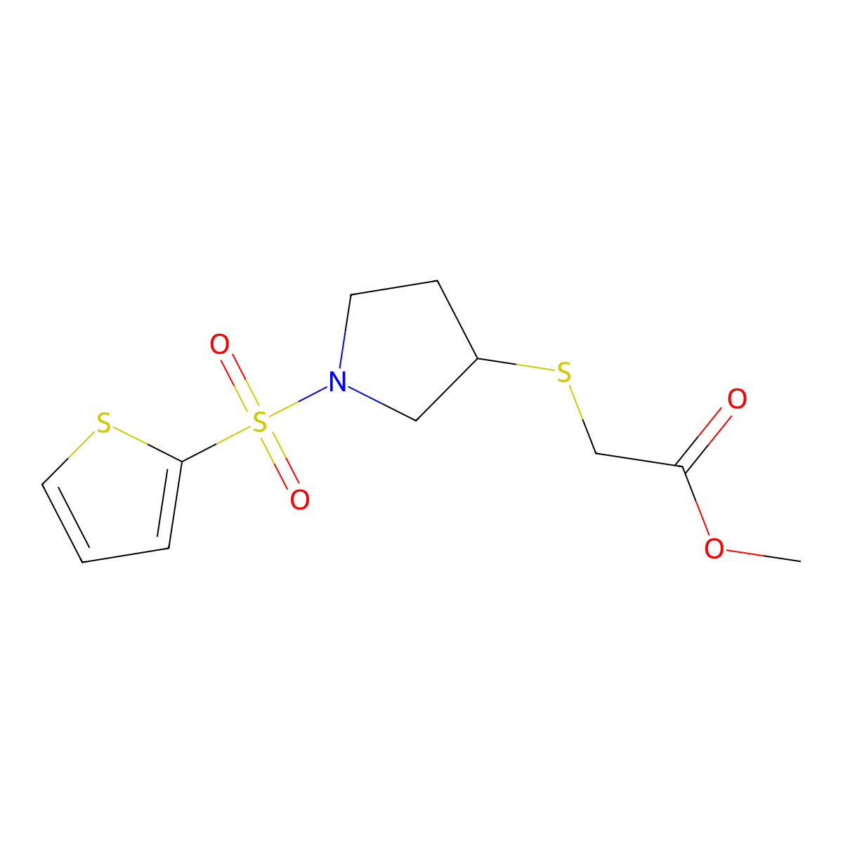 Methyl 2-((1-(thiophen-2-ylsulfonyl)pyrrolidin-3-yl)thio)acetate molecular structure, CAS 1795493-13-8
