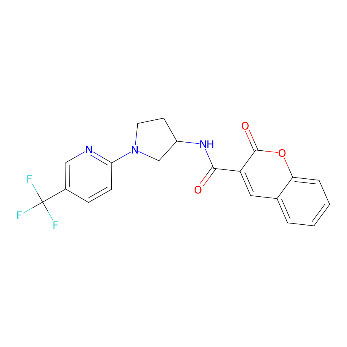 2-oxo-N-(1-(5-(trifluoromethyl)pyridin-2-yl)pyrrolidin-3-yl)-2H-chromene-3-carboxamide molecular structure, CAS 1795493-45-6
