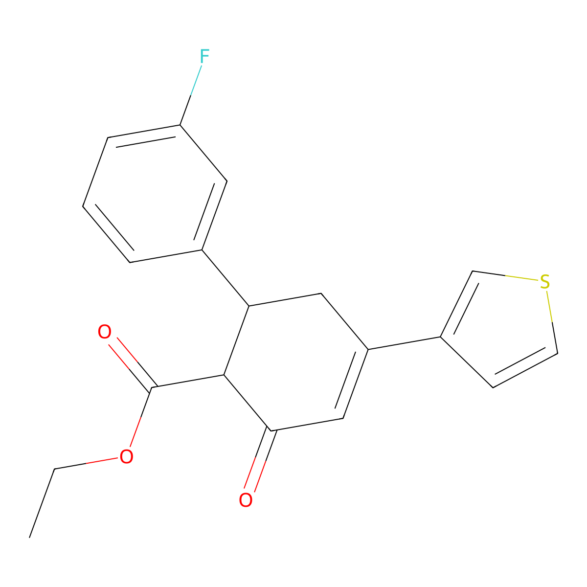 Ethyl 6-(3-fluorophenyl)-2-oxo-4-(thiophen-3-yl)cyclohex-3-ene-1-carboxylate molecular structure, CAS 1795517-26-8