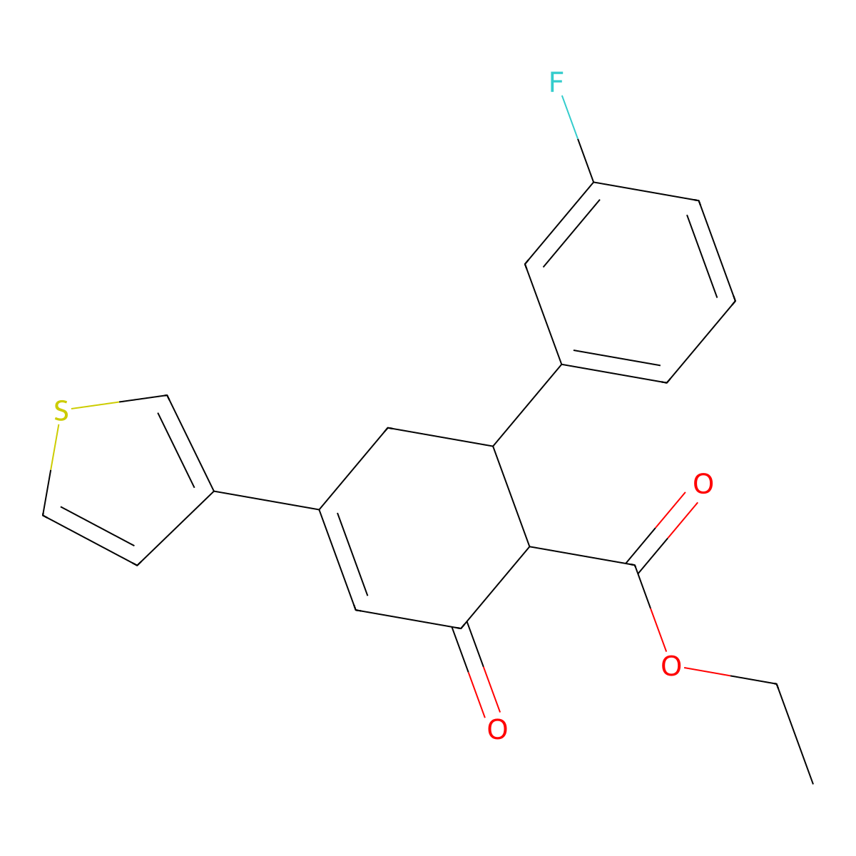 Ethyl 6-(3-fluorophenyl)-2-oxo-4-(thiophen-3-yl)cyclohex-3-ene-1-carboxylate molecular structure, CAS 1795517-26-8