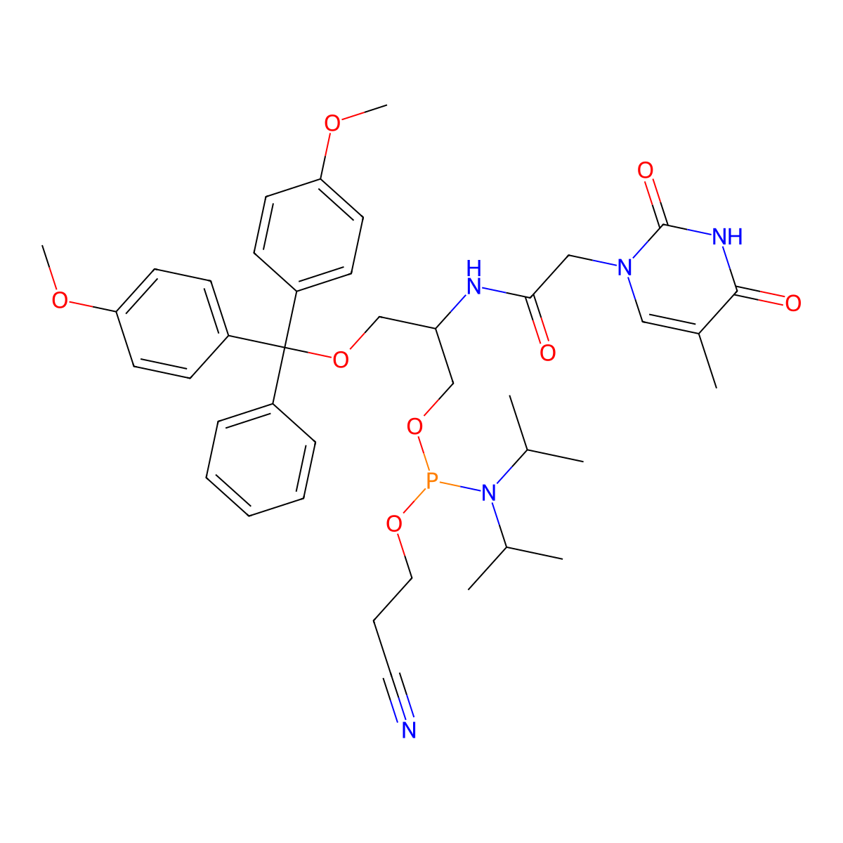 N-[(2R)-1-[bis(4-methoxyphenyl)-phenylmethoxy]-3-[2-cyanoethoxy-[di(propan-2-yl)amino]phosphanyl]oxypropan-2-yl]-2-(5-methyl-2,4-dioxopyrimidin-1-yl)acetamide molecular structure, CAS 179604-71-8