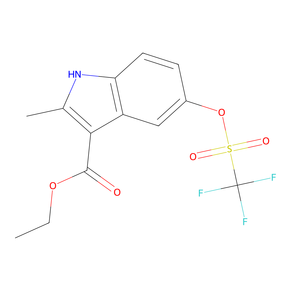 Ethyl 2-methyl-5-(((trifluoromethyl)-sulfonyl)-oxy)-1H-indole-3-carboxylate molecular structure, CAS 1796574-02-1
