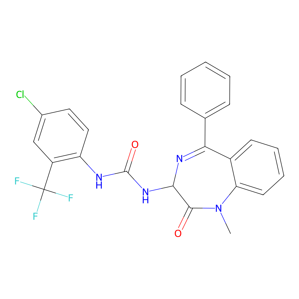 3-[4-chloro-2-(trifluoromethyl)phenyl]-1-(1-methyl-2-oxo-5-phenyl-2,3-dihydro-1H-1,4-benzodiazepin-3-yl)urea molecular structure, CAS 1796882-68-2