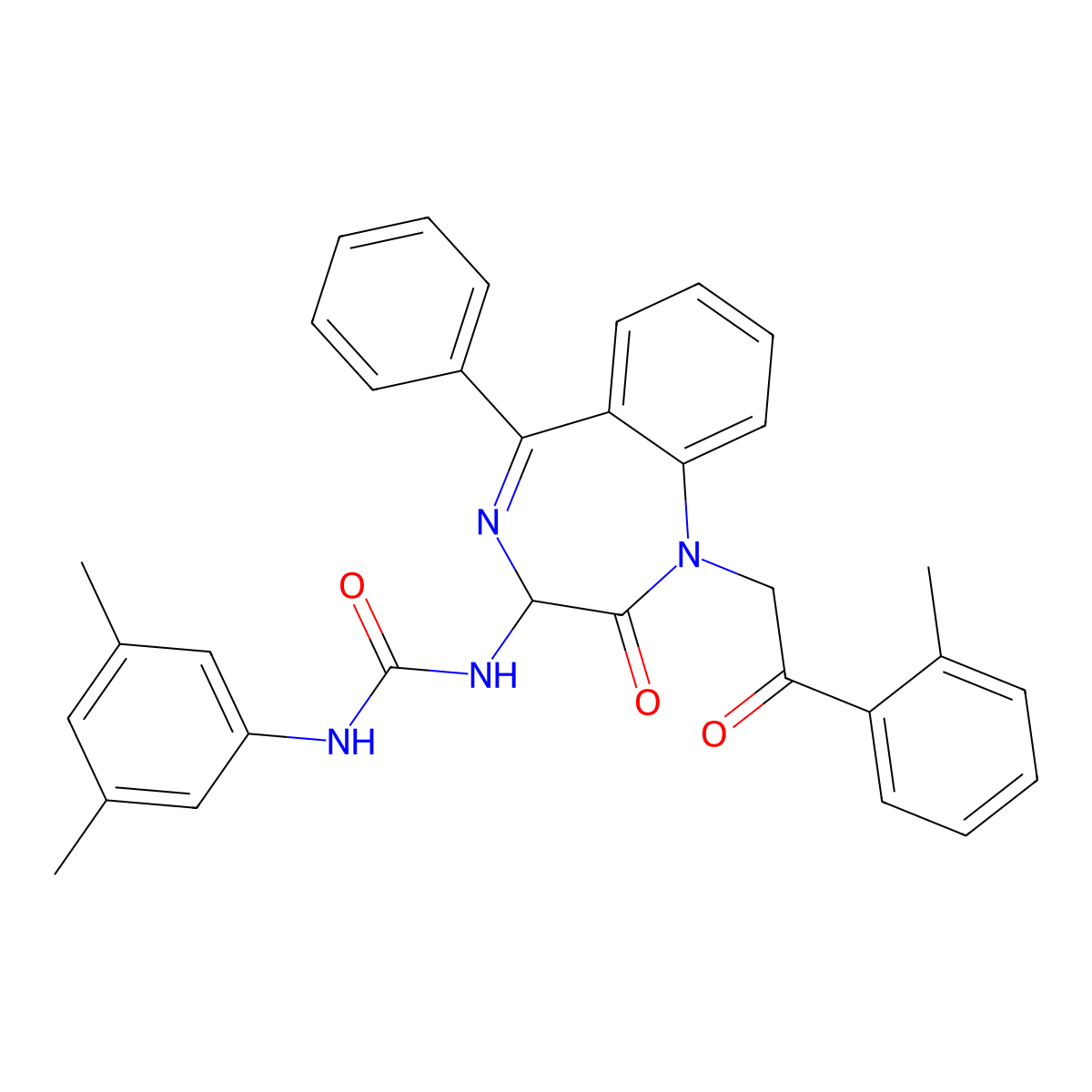 N-(2,5-diaza-2-(2-(2-methylphenyl)-2-oxoethyl)-3-oxo-6-phenylbicyclo[5.4.0]undeca-1(7),5,8,10-tetraen-4-yl)((3,5-dimethylphenyl)amino)formamide molecular structure, CAS 1796882-71-7