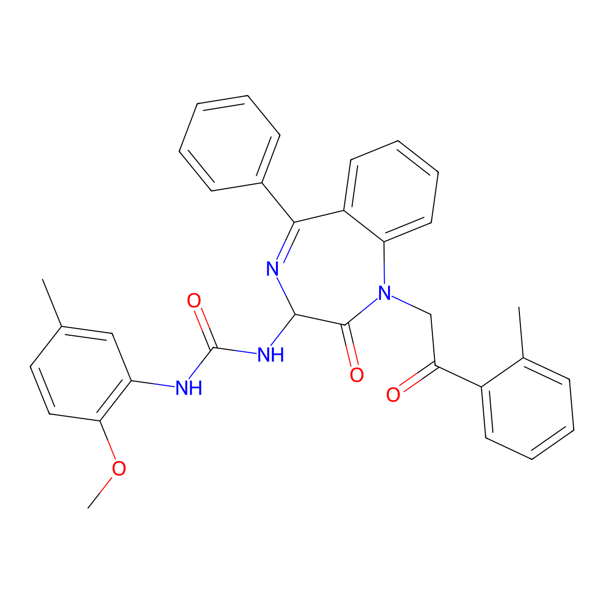 N-(2,5-diaza-2-(2-(2-methylphenyl)-2-oxoethyl)-3-oxo-6-phenylbicyclo[5.4.0]undeca-1(7),5,8,10-tetraen-4-yl)((2-methoxy-5-methylphenyl)amino)formamide molecular structure, CAS 1796882-72-8