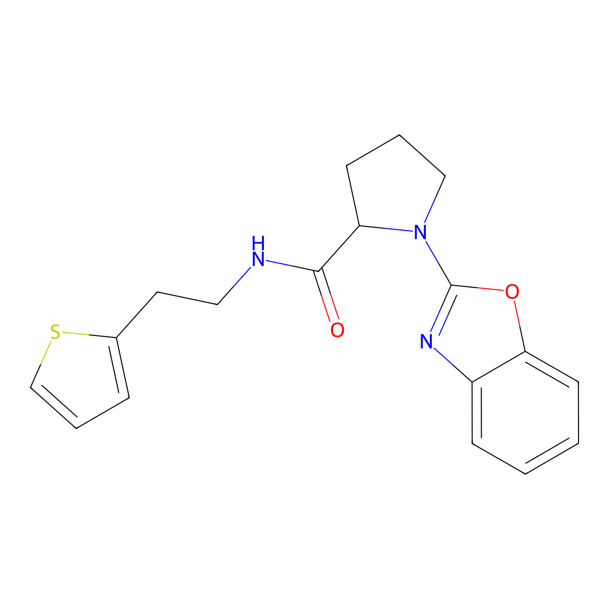 1-(benzo[d]oxazol-2-yl)-N-(2-(thiophen-2-yl)ethyl)pyrrolidine-2-carboxamide molecular structure, CAS 1796887-05-2