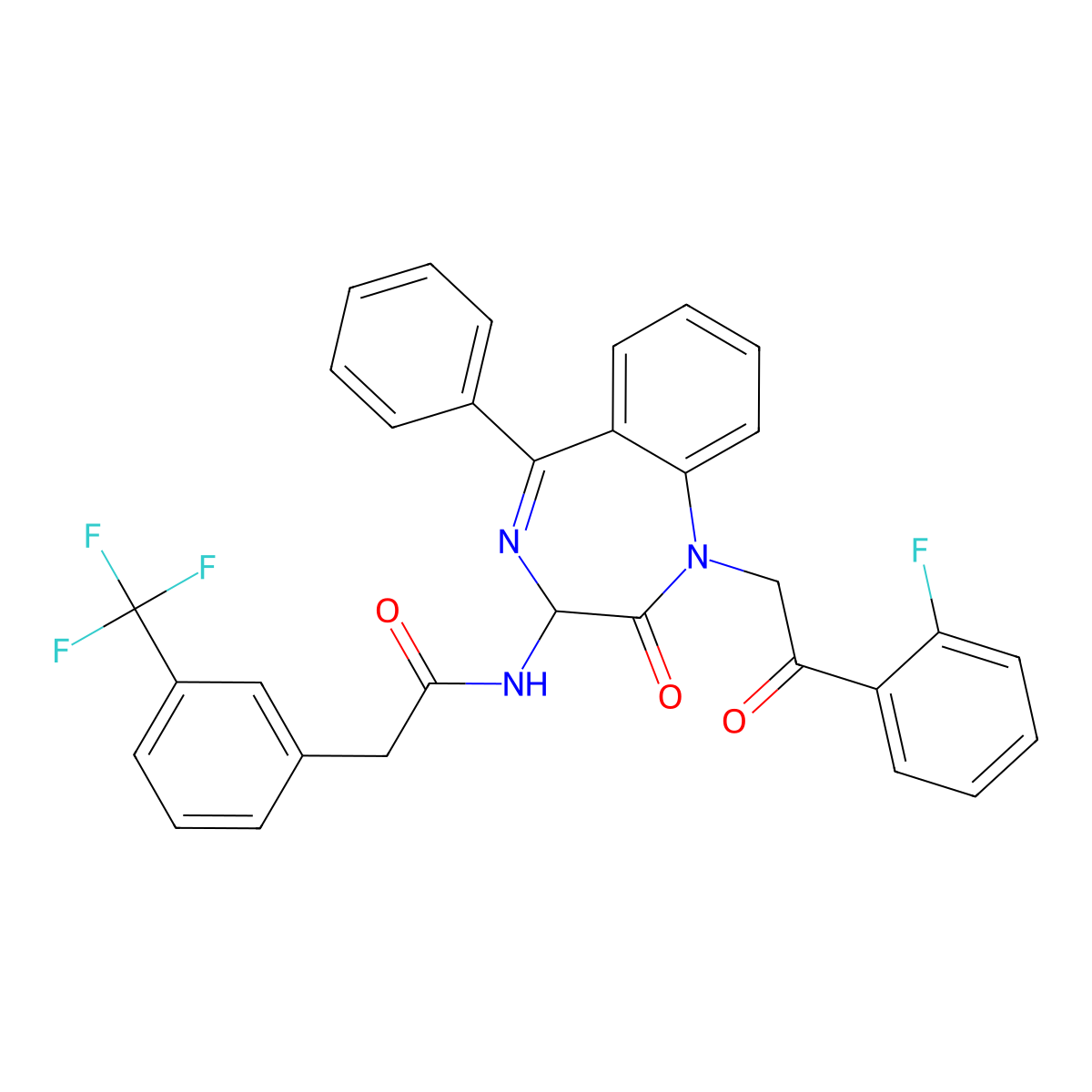 N-(2,5-diaza-2-(2-(2-fluorophenyl)-2-oxoethyl)-3-oxo-6-phenylbicyclo[5.4.0]undeca-1(11),5,7(8),9-tetraen-4-yl)-2-(3-(trifluoromethyl)phenyl)ethanamide molecular structure, CAS 1796888-18-0