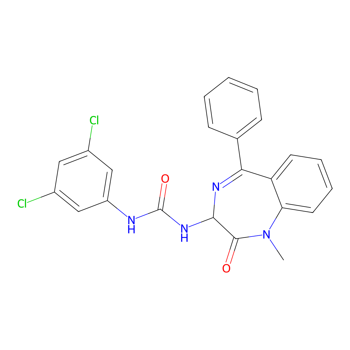 N-(2,5-diaza-2-methyl-3-oxo-6-phenylbicyclo[5.4.0]undeca-1(7),5,8,10-tetraen-4-yl)((3,5-dichlorophenyl)amino)formamide molecular structure, CAS 1796888-30-6