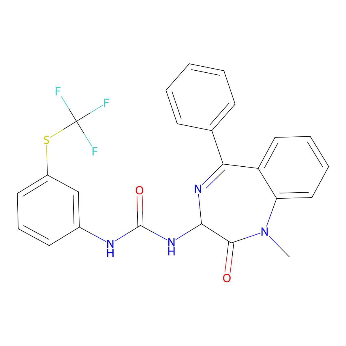 N-(2,5-diaza-2-methyl-3-oxo-6-phenylbicyclo[5.4.0]undeca-1(7),5,8,10-tetraen-4-yl)((3-(trifluoromethylthio)phenyl)amino)formamide molecular structure, CAS 1796888-34-0