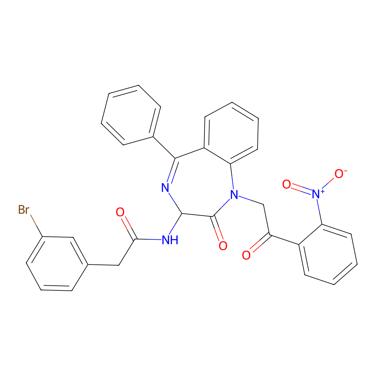 N-(2,5-diaza-2-(2-(2-nitrophenyl)-2-oxoethyl)-3-oxo-6-phenylbicyclo[5.4.0]undeca-1(7),5,8,10-tetraen-4-yl)-2-(3-bromophenyl)ethanamide molecular structure, CAS 1796888-57-7
