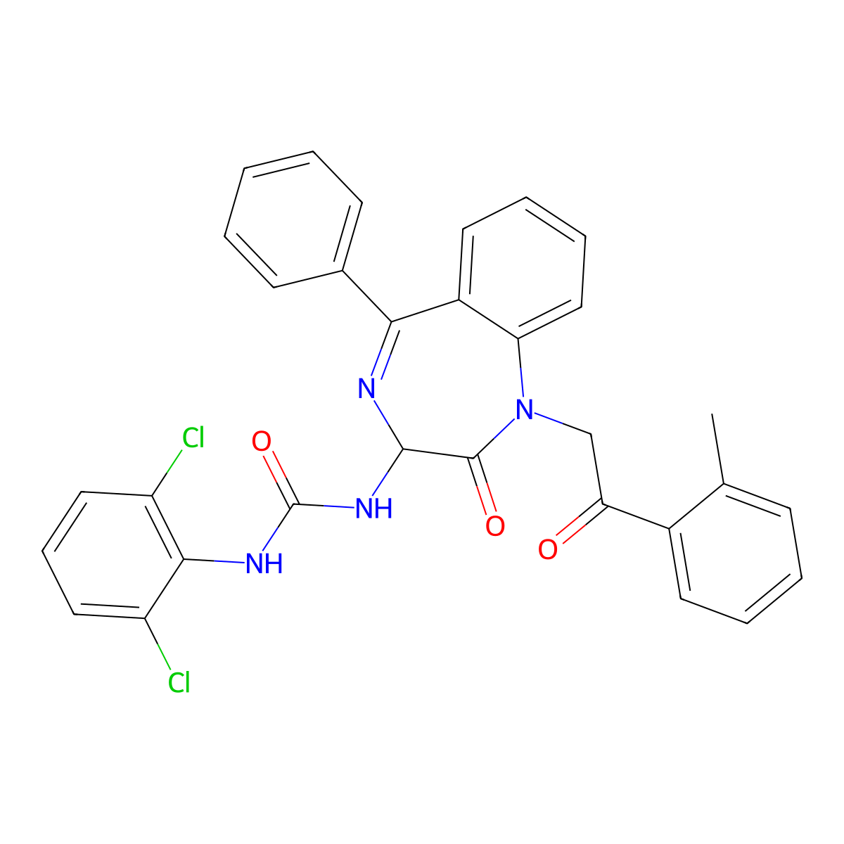N-(2,5-diaza-2-(2-(2-methylphenyl)-2-oxoethyl)-3-oxo-6-phenylbicyclo[5.4.0]undeca-1(7),5,8,10-tetraen-4-yl)((2,6-dichlorophenyl)amino)formamide molecular structure, CAS 1796891-57-0