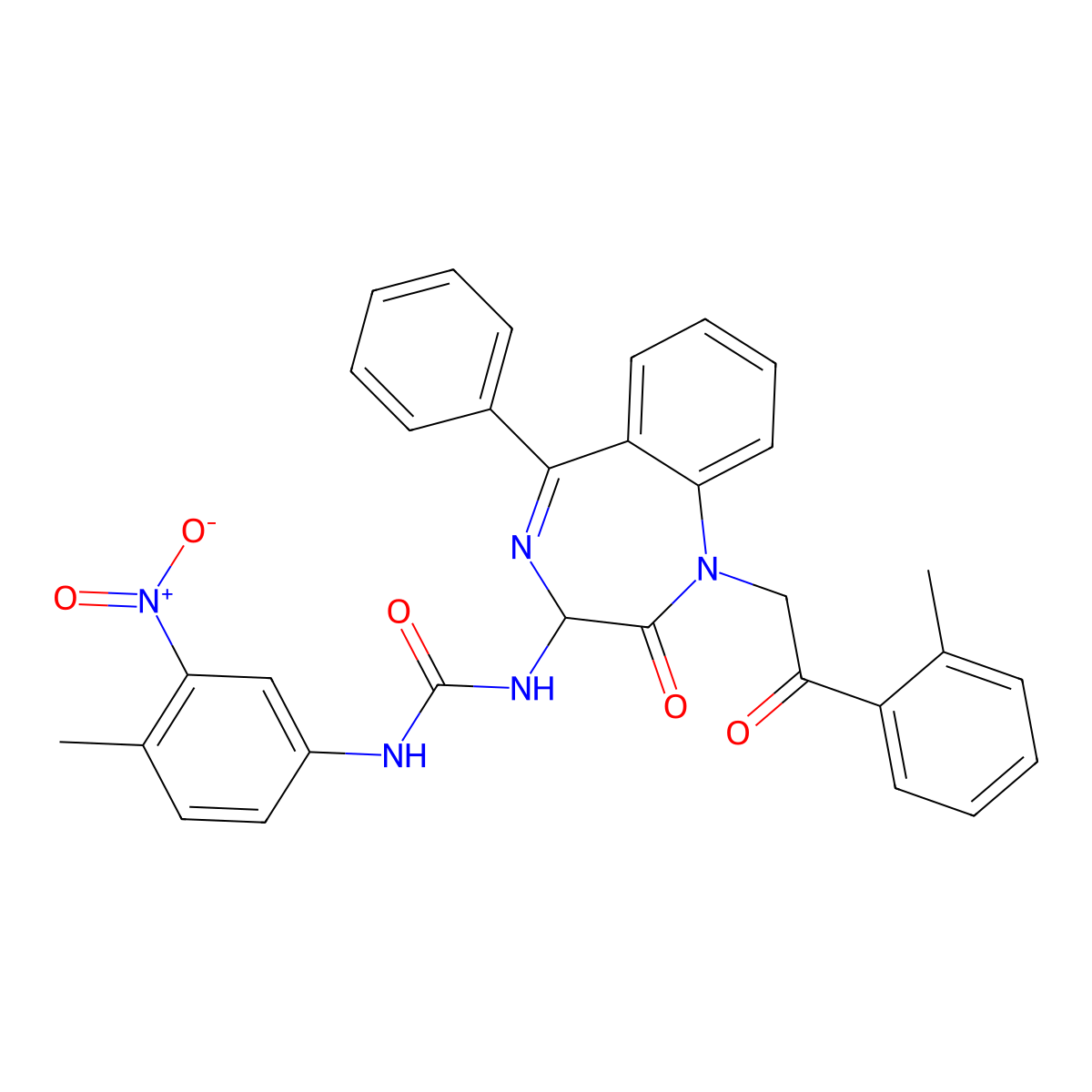 N-(2,5-diaza-2-(2-(2-methylphenyl)-2-oxoethyl)-3-oxo-6-phenylbicyclo[5.4.0]undeca-1(7),5,8,10-tetraen-4-yl)((4-methyl-3-nitrophenyl)amino)formamide molecular structure, CAS 1796891-66-1