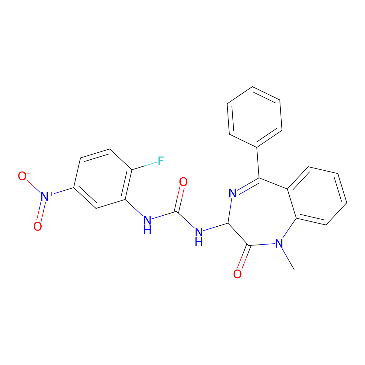 N-(2,5-diaza-2-methyl-3-oxo-6-phenylbicyclo[5.4.0]undeca-1(7),5,8,10-tetraen-4-yl)((2-fluoro-4-nitrophenyl)amino)formamide molecular structure, CAS 1796891-73-0