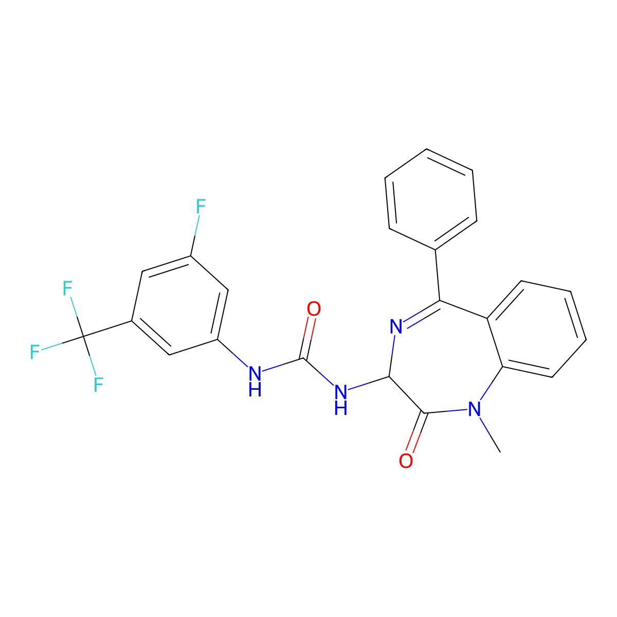 1-(1-methyl-2-oxo-5-phenyl-2,3-dihydro-1H-1,4-diazepin-3-yl)-3-(3-fluoro-5-trifluorophenyl)urea molecular structure, CAS 1796893-54-3