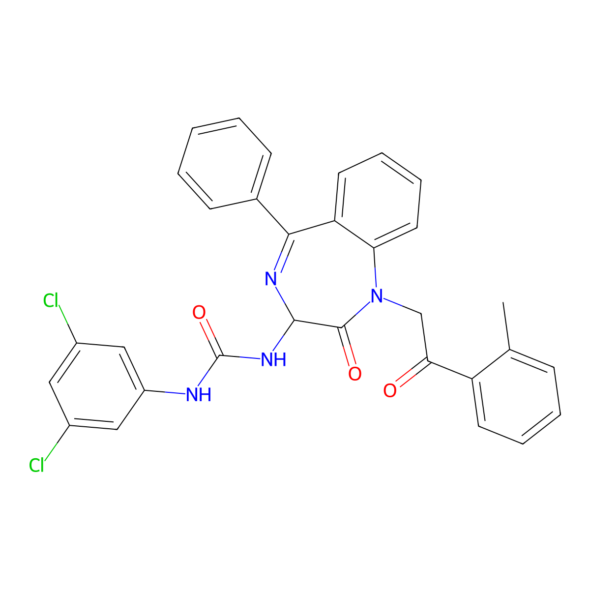 N-(2,5-diaza-2-(2-(2-methylphenyl)-2-oxoethyl)-3-oxo-6-phenylbicyclo[5.4.0]undeca-1(7),5,8,10-tetraen-4-yl)((3,5-dichlorophenyl)amino)formamide molecular structure, CAS 1796893-62-3