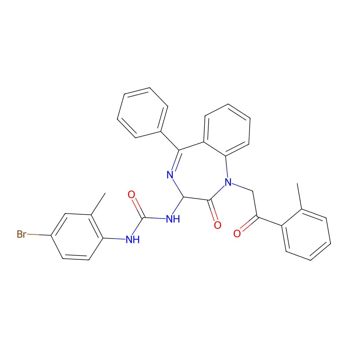N-(2,5-diaza-2-(2-(2-methylphenyl)-2-oxoethyl)-3-oxo-6-phenylbicyclo[5.4.0]undeca-1(7),5,8,10-tetraen-4-yl)((4-bromo-2-methylphenyl)amino)formamide molecular structure, CAS 1796893-68-9