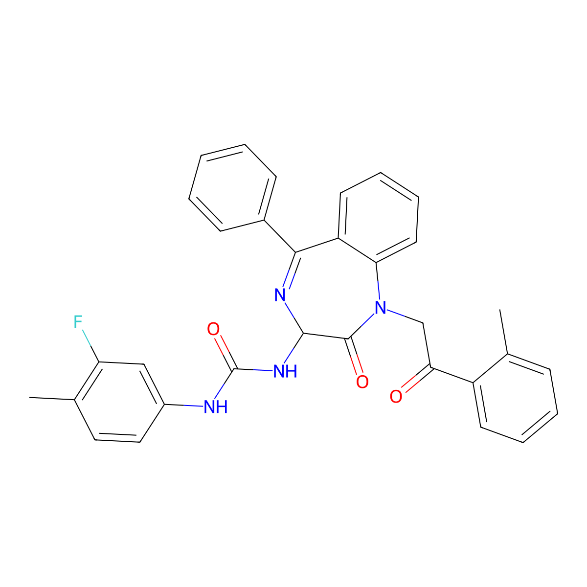 N-(2,5-diaza-2-(2-(2-methylphenyl)-2-oxoethyl)-3-oxo-6-phenylbicyclo[5.4.0]undeca-1(7),5,8,10-tetraen-4-yl)((3-fluoro-4-methylphenyl)amino)formamide molecular structure, CAS 1796893-89-4