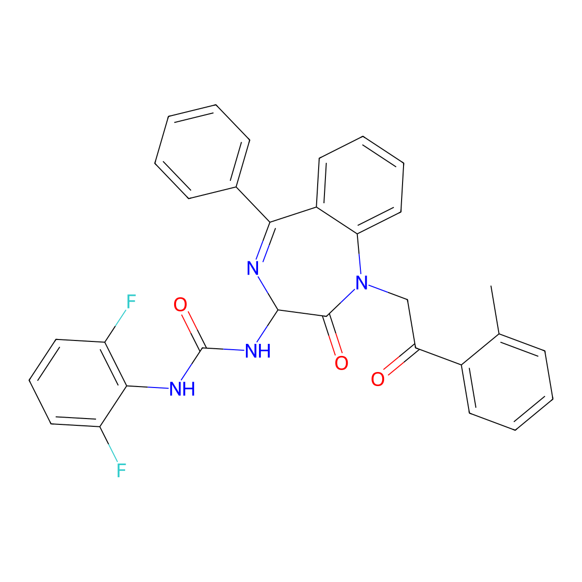 N-(2,5-diaza-2-(2-(2-methylphenyl)-2-oxoethyl)-3-oxo-6-phenylbicyclo[5.4.0]undeca-1(7),5,8,10-tetraen-4-yl)((2,6-difluorophenyl)amino)formamide molecular structure, CAS 1796893-91-8