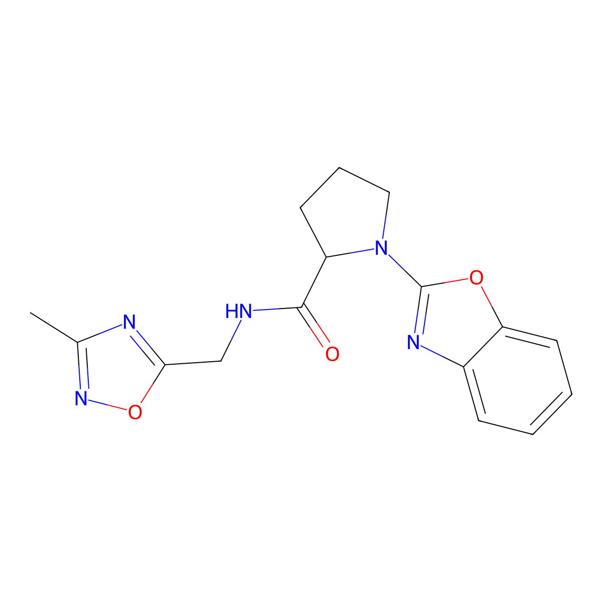 1-(benzo[d]oxazol-2-yl)-N-((3-methyl-1,2,4-oxadiazol-5-yl)methyl)pyrrolidine-2-carboxamide molecular structure, CAS 1796894-62-6