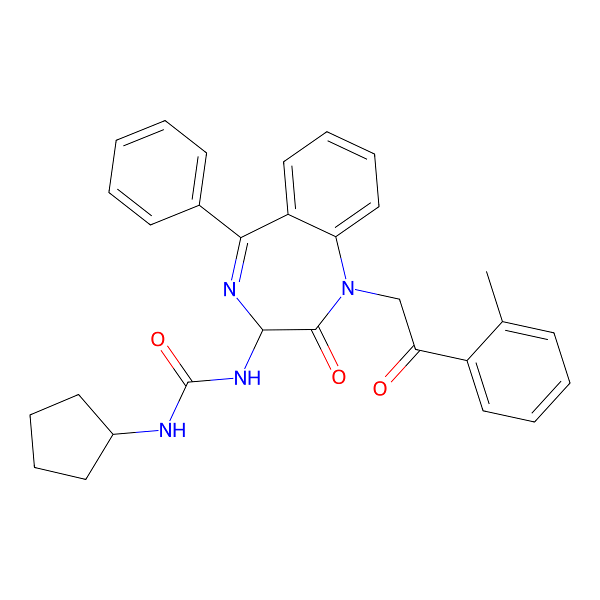 N-(2,5-diaza-2-(2-(2-methylphenyl)-2-oxoethyl)-3-oxo-6-phenylbicyclo[5.4.0]undeca-1(7),5,8,10-tetraen-4-yl)(cyclopentylamino)formamide molecular structure, CAS 1796898-29-7