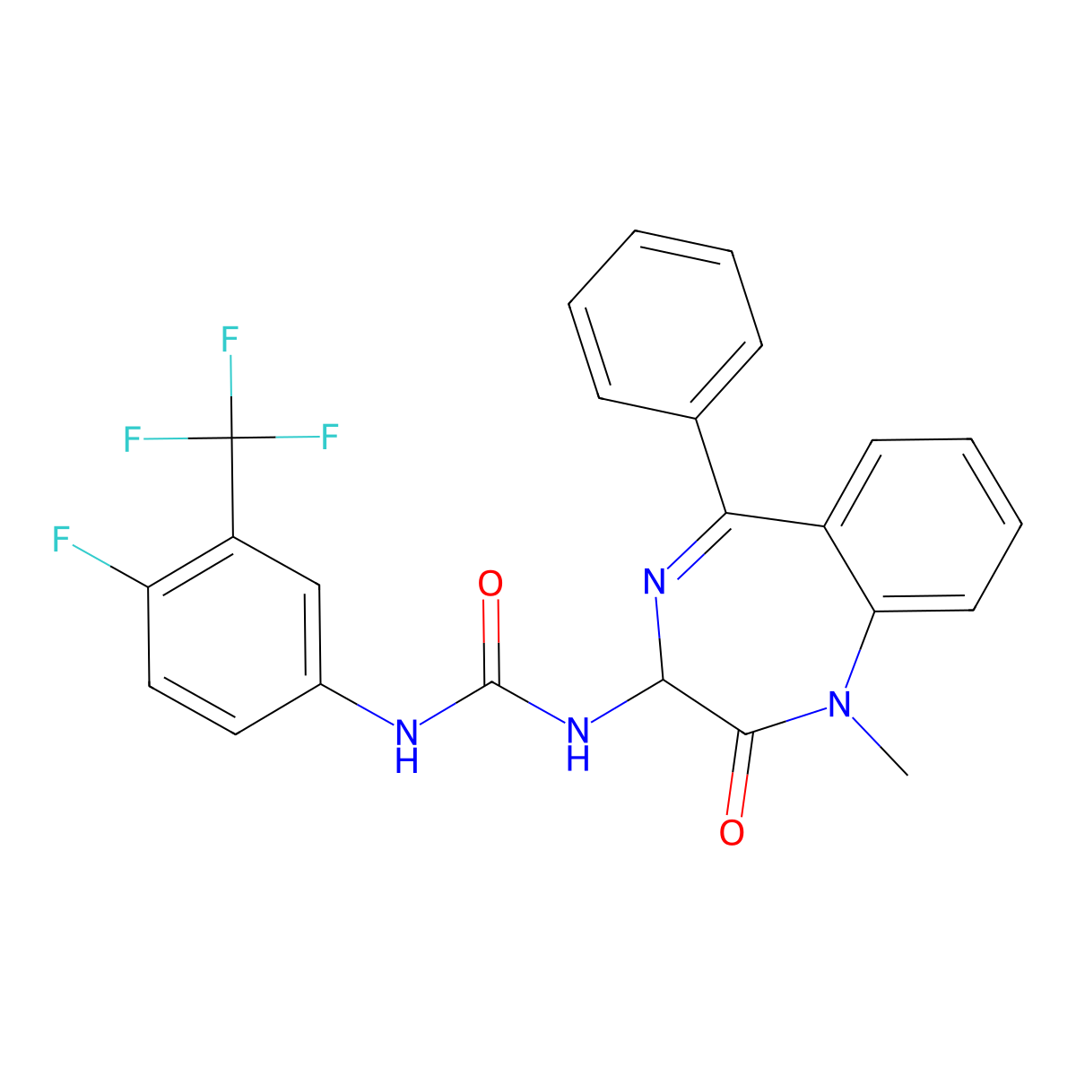 1-(1-methyl-2-oxo-5-phenyl-2,3-dihydro-1H-1,4-diazepin-3-yl)-3-(4-fluoro-3-trifluoromethylphenyl)urea molecular structure, CAS 1796898-40-2