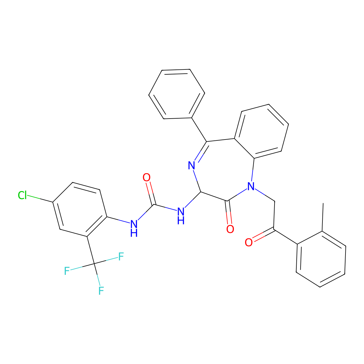 N-(2,5-diaza-2-(2-(2-methylphenyl)-2-oxoethyl)-3-oxo-6-phenylbicyclo[5.4.0]undeca-1(7),5,8,10-tetraen-4-yl)((4-chloro-2-(trifluoromethyl)phenyl)amino)formamide molecular structure, CAS 1796898-84-4