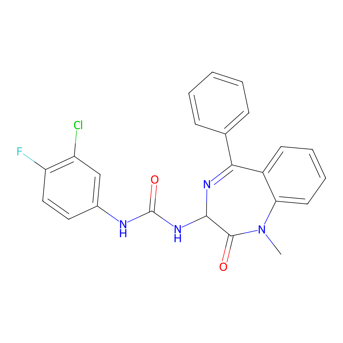 1-(3-chloro-4-fluorophenyl)-3-(1-methyl-2-oxo-5-phenyl-2,3-dihydro-1H-1,4-benzodiazepin-3-yl)urea molecular structure, CAS 1796900-09-8